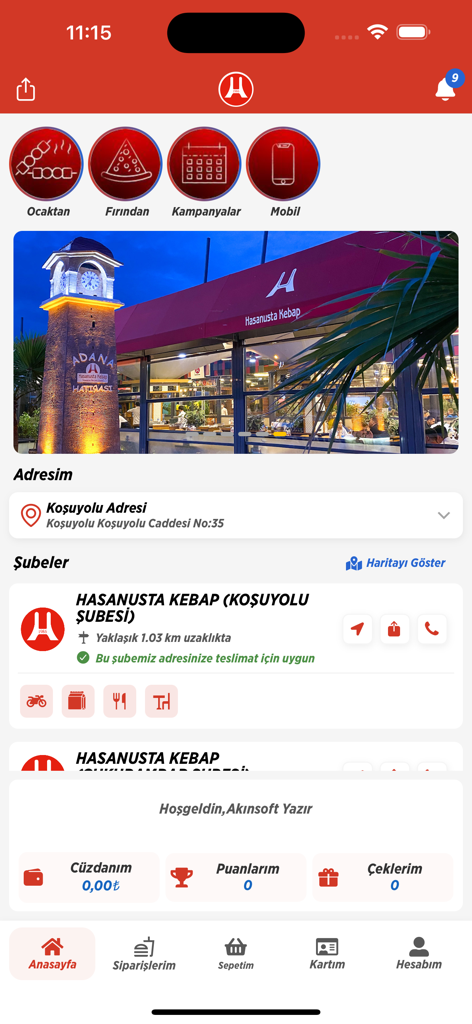 Hasan Usta Kebap & Izgara - Hasan Usta Kebap and Izgara app home screen showing restaurant branch info and loyalty points