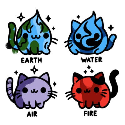 4 cats that represent the different elements, earth, water, air, and fire