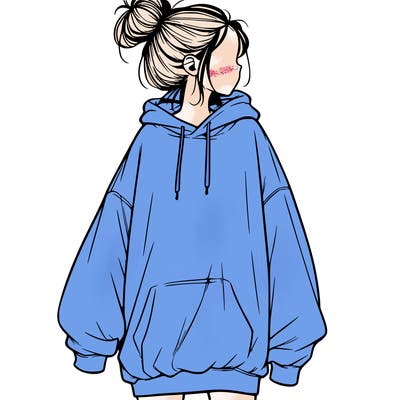 realistic girl with a oversized sweatshirt on and a bun