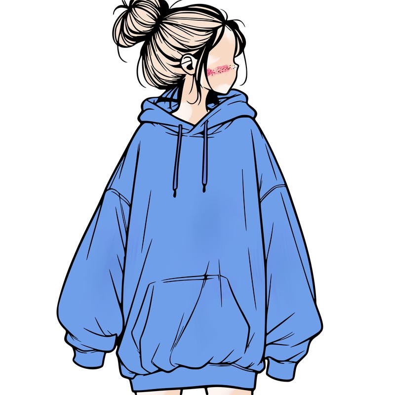 realistic girl with a oversized sweatshirt on and a bun