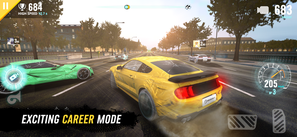 Racing Go: Speed Thrills - A yellow muscle car with visible damage racing through city streets in Racing Go career mode.