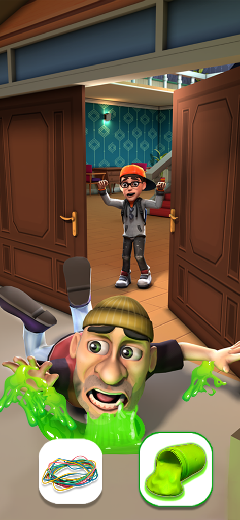 Save The House - A burglar falling into a green slime trap after a choice is made in the Save The House mobile game