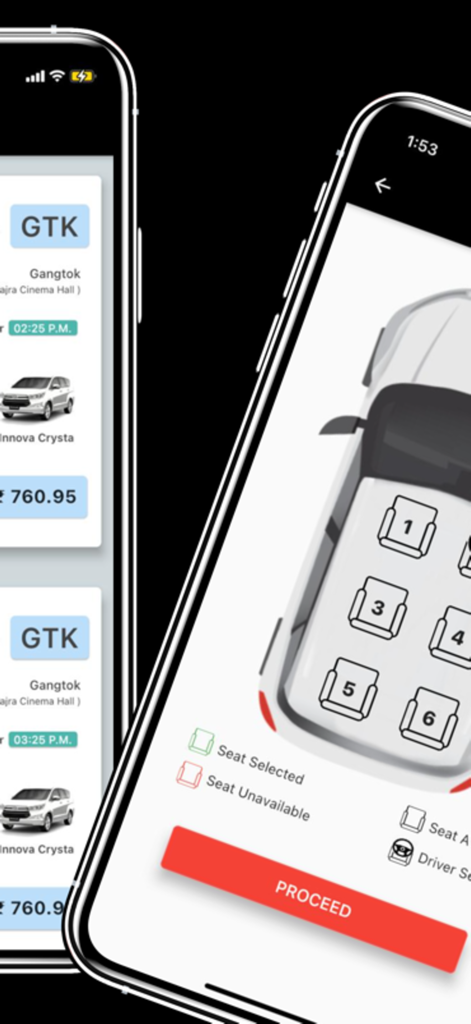 Wizzride - Mobile screens for Wizzride app showing ride options and a vehicle seat selection map