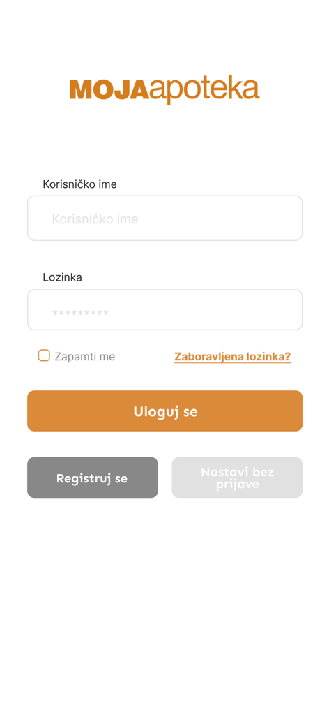 Login screen of the MojaApoteka mobile pharmacy app showing username and password fields
