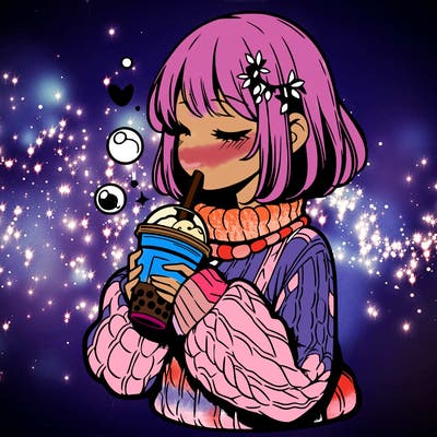 manga girl drinking boba in cozy sweater