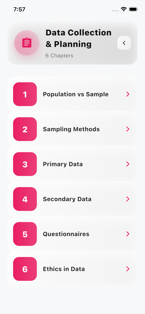 GCSE Statistics Practice Pro - A list of six statistics chapters including sampling methods and questionnaires