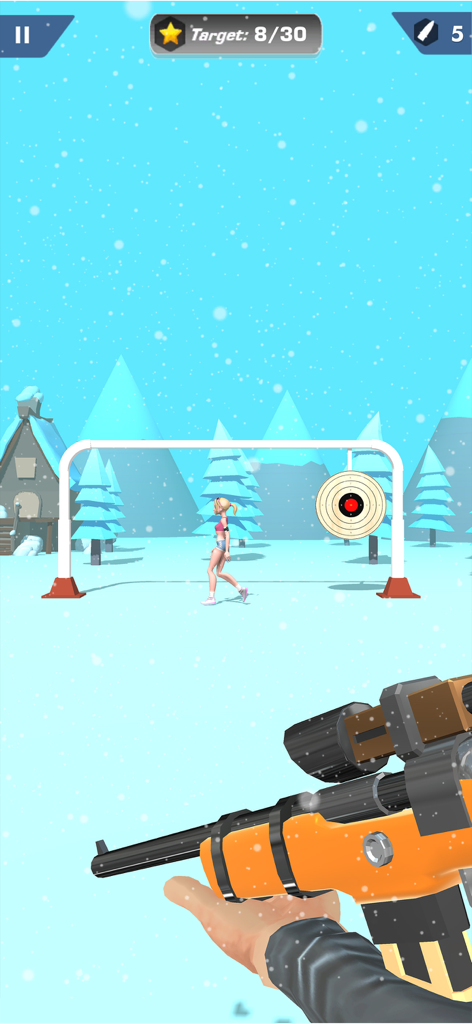 Shooting Master 3D Sniper Game - First-person view of a sniper rifle aiming at a target in a snowy environment.