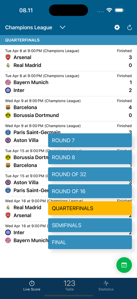 Football DK app showing Champions League match results and tournament stages