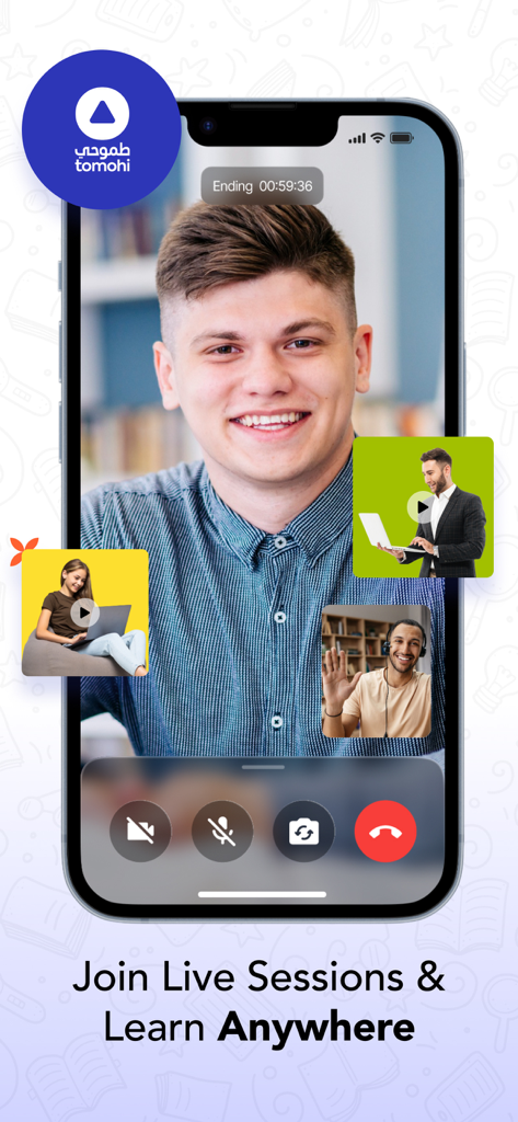 Pantalla móvil de la App Tomohi mostrando una sesión de aprendizaje en video en vivo con estudiantes y tutores