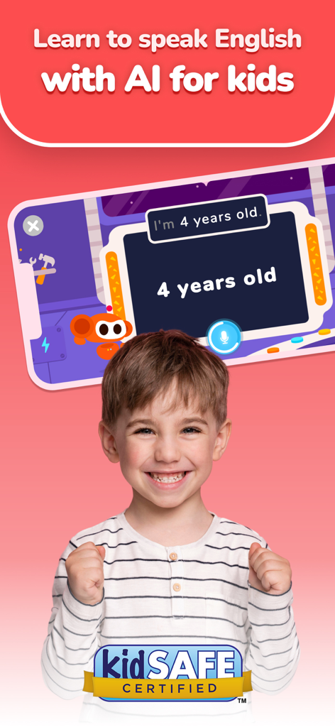 AI Speak: Fun English for kids - kidSAFE認証バッジが付いたAI Speakで英語の発音を練習する笑顔の少年