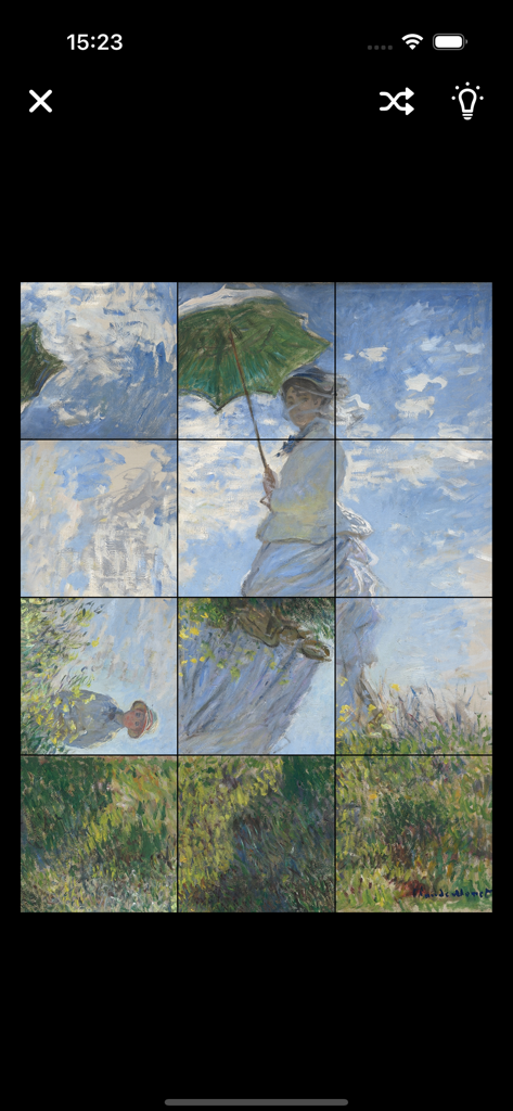 Art Puzzle: Unwind - Art Puzzle Unwind gameplay showing a Monet painting puzzle on a mobile screen.