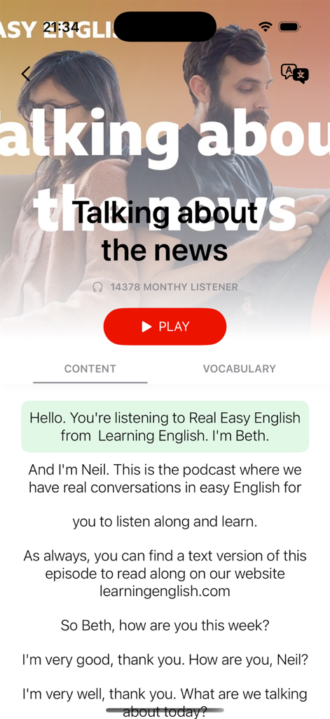 Learning English: Podcast - Interface of the Learning English Podcast app showing a lesson transcript and a play button for an episode about the news