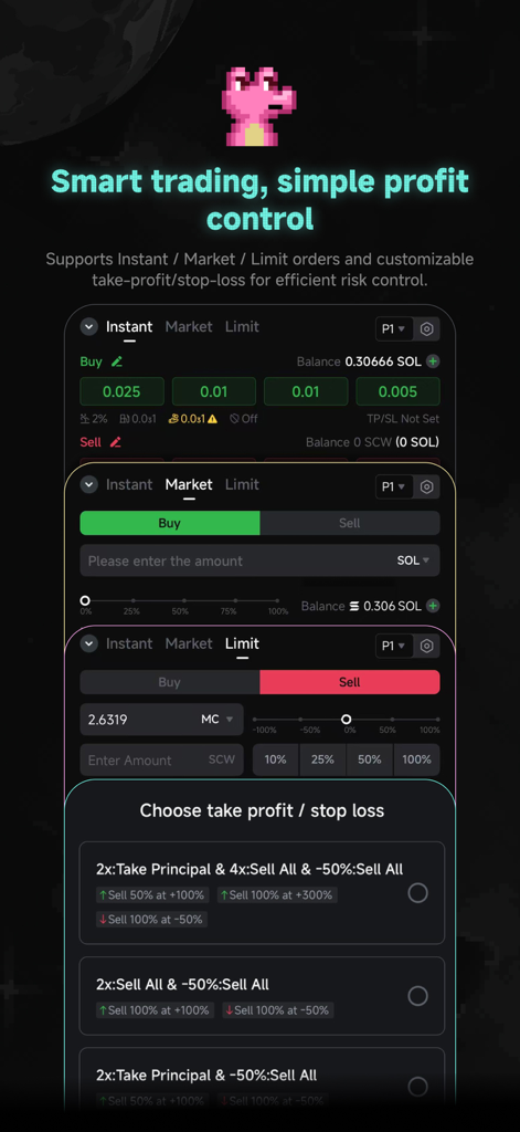 GMGN - Meme Track - Interface móvel do aplicativo GMGN mostrando opções de ordem instantânea, a mercado e limite, juntamente com configurações de take profit e stop loss