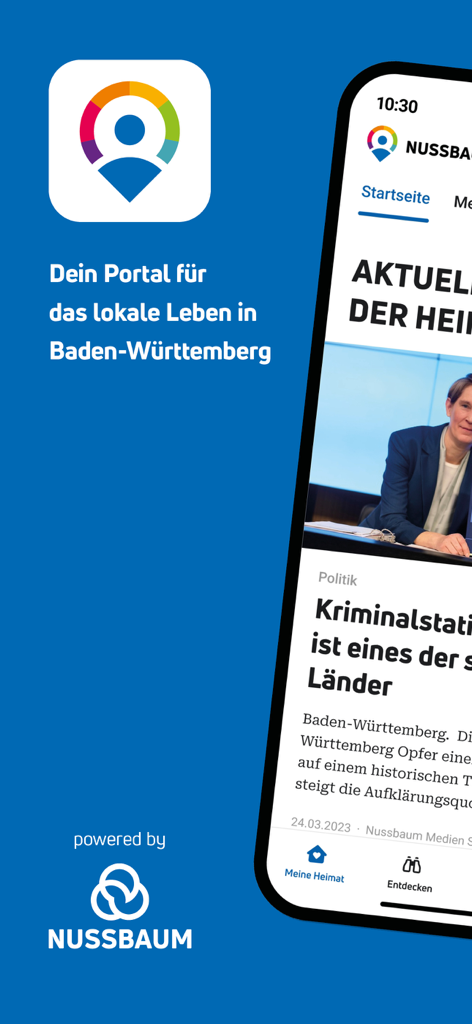 Interface do aplicativo móvel NUSSBAUM mostrando notícias locais e portal comunitário para Baden-Wuerttemberg