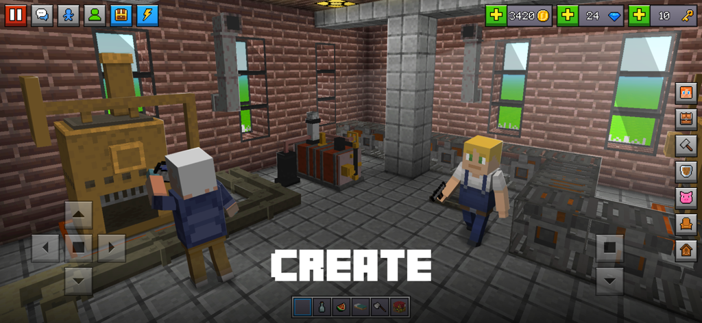 Two blocky characters building a factory workshop in Block World 3D with a large CREATE text overlay