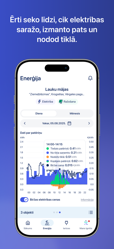 Mobile app interface displaying detailed energy consumption and production graphs with market price integration