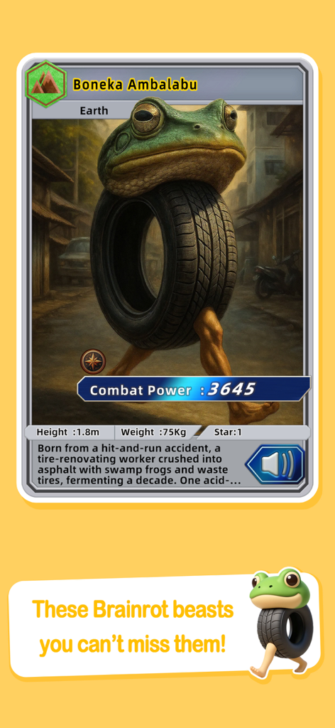 Brainrot Book - Una carta de personaje digital de la aplicación Brainrot Book con Boneka Ambalabu, una criatura surrealista con cabeza de rana, cuerpo de neumático y piernas humanas.