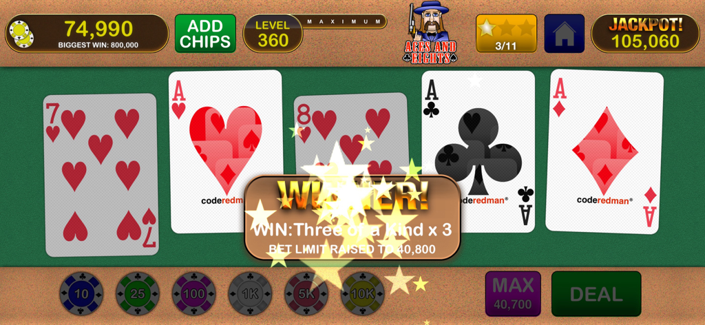 Una mano ganadora de trío con tres Ases en el juego móvil Video Poker Jackpot