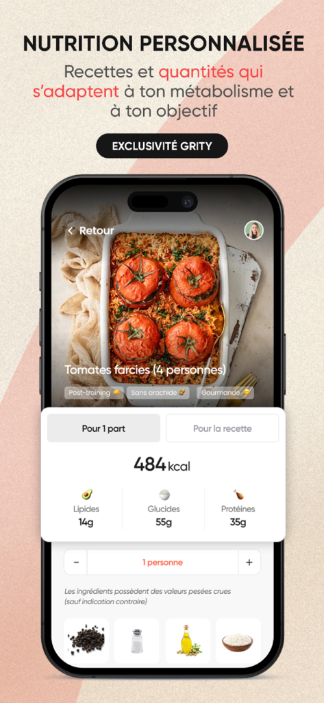 Grity app showing a personalized recipe with calorie and macronutrient breakdown.