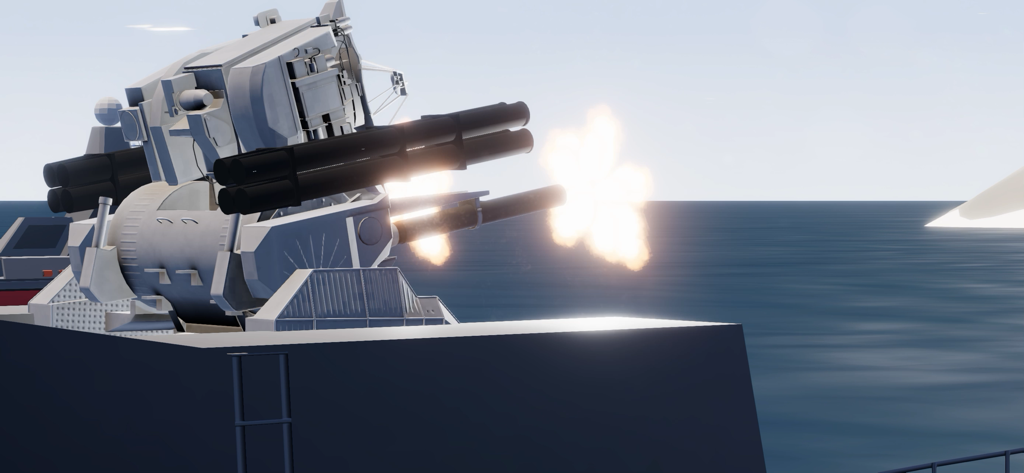 Naval anti aircraft weapon system firing from a ship in C-RAM CIWS simulator