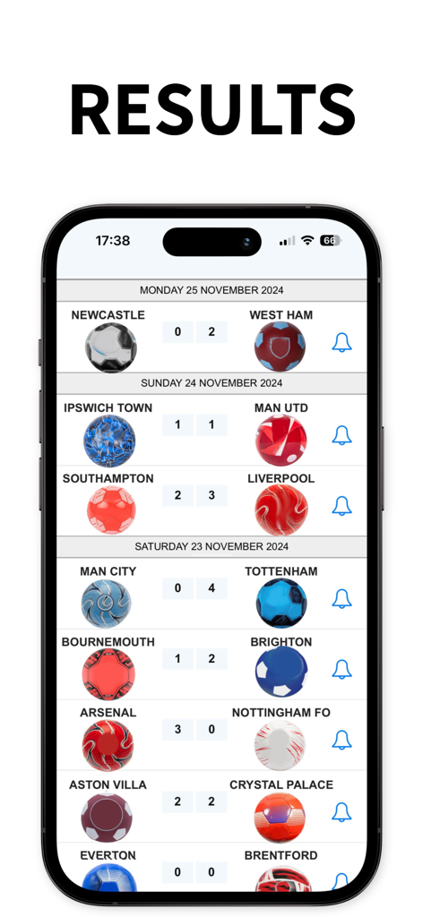 Écran d'application mobile montrant les résultats récents de matchs de football et les scores finaux pour la Premier League.