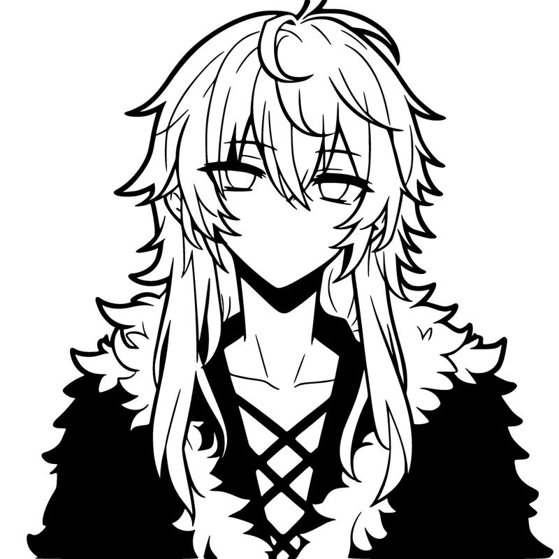 anime guy, long white hair, a red fluffy shirt