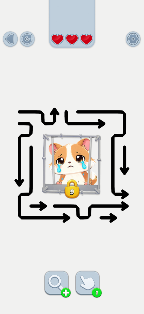Arrow Rescue: Save the Animal - A crying hamster trapped in a cage surrounded by a maze of arrows in a puzzle game
