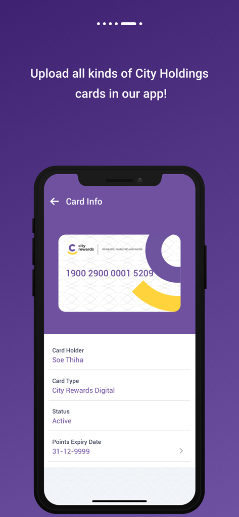 City Rewards 2.0 - A smartphone screen displaying City Rewards 2.0 digital loyalty card information including the card holder name and membership status.