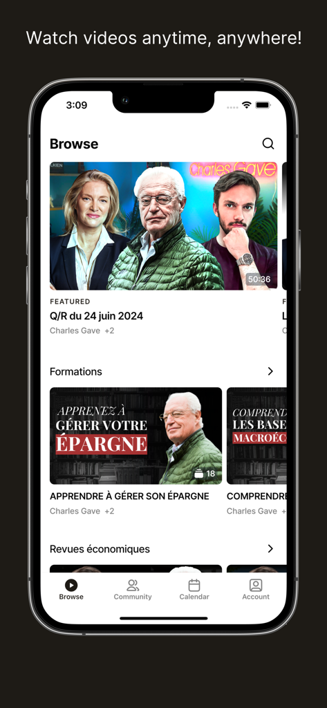 Université de L'Épargne - Écran de navigation de l'application Universite de l Epargne présentant des vidéos d'éducation financière et des revues économiques par Charles Gave