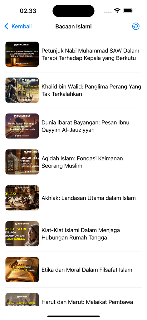 AlQuran 30 Juz Tanpa Internet - A list of Islamic articles and educational readings in Indonesian language within the AlQuran app interface