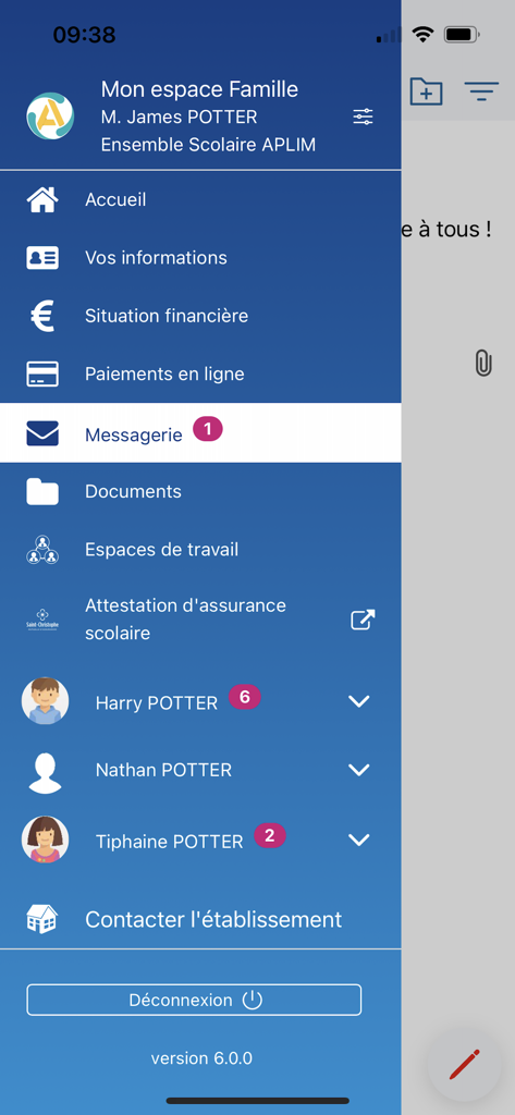 Mon EcoleDirecte - Sidebar navigation menu of the Mon EcoleDirecte mobile app showing family account settings and student profiles