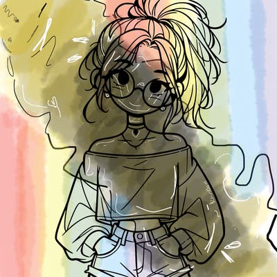 girl with a messy ponytail glasses a baggy crop top and jean shorts