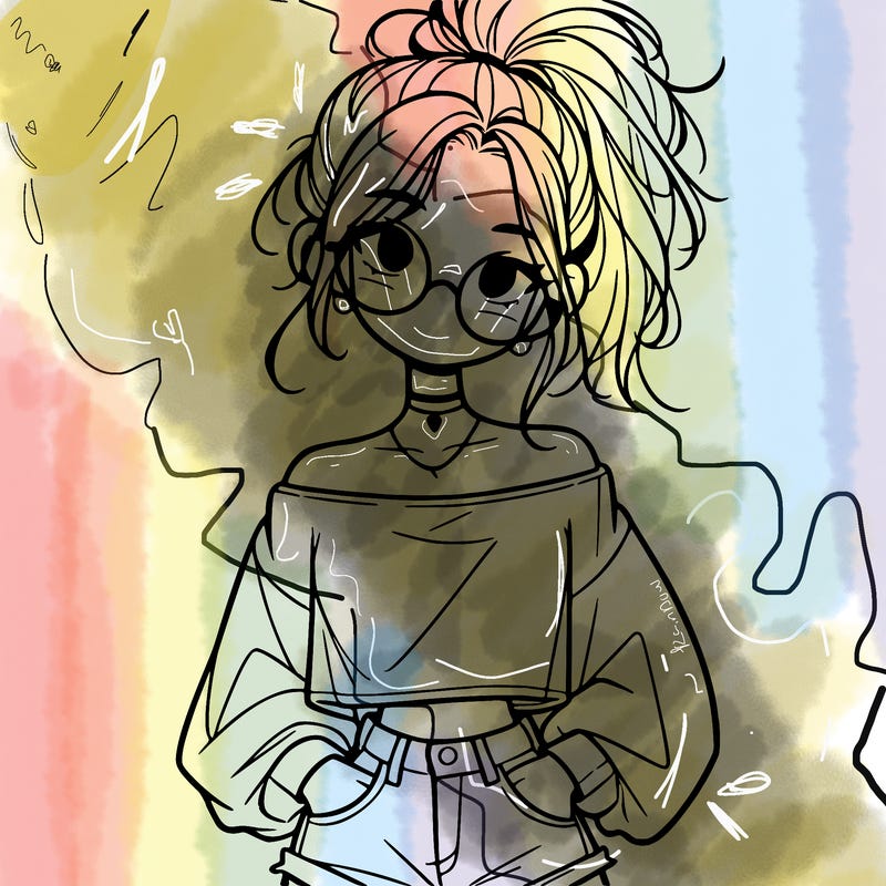 girl with a messy ponytail glasses a baggy crop top and jean shorts