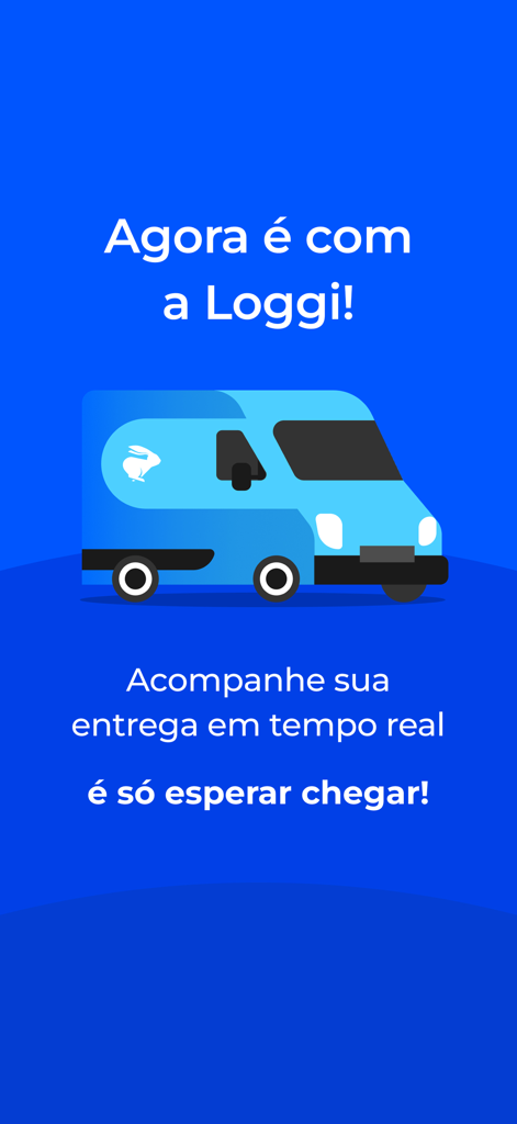 Loggi app interface showing a blue delivery van and text in Portuguese about real-time package tracking.