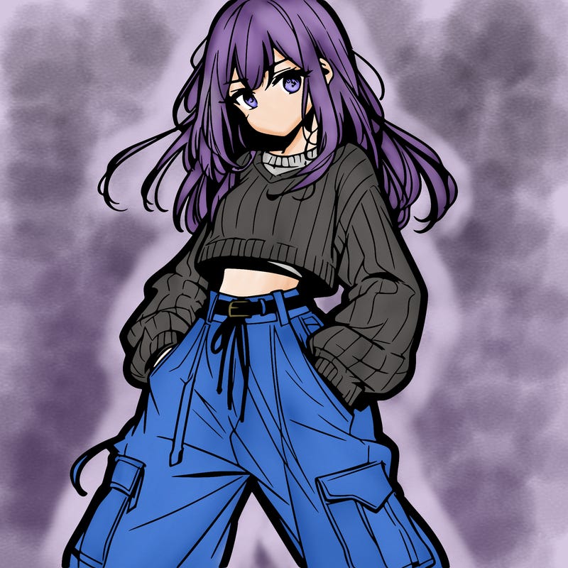 anime teen girl with baggy pants and crop top with sweater