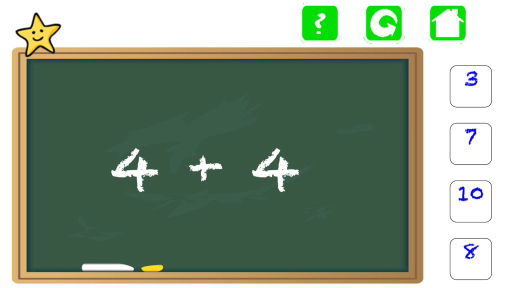 Un problema de suma en una pizarra para niños en la aplicación Kinder Quiz