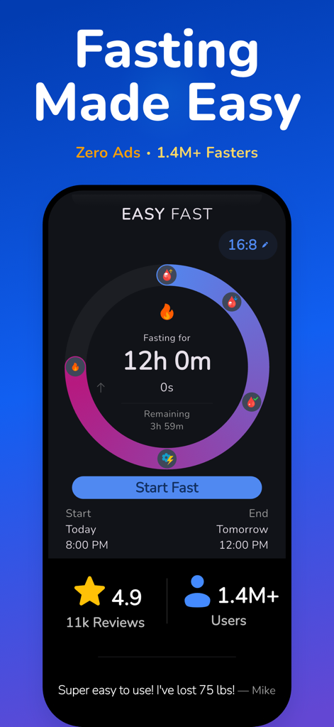 Easy Fast app interface showing a fasting timer and progress ring with metabolic stages