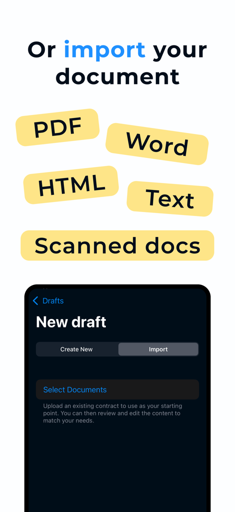 Contract Maker: Legal Draft - PDF、Word、スキャンされたドキュメントを含む法的ドラフトのドキュメントインポートオプションが表示されているモバイルアプリ画面。