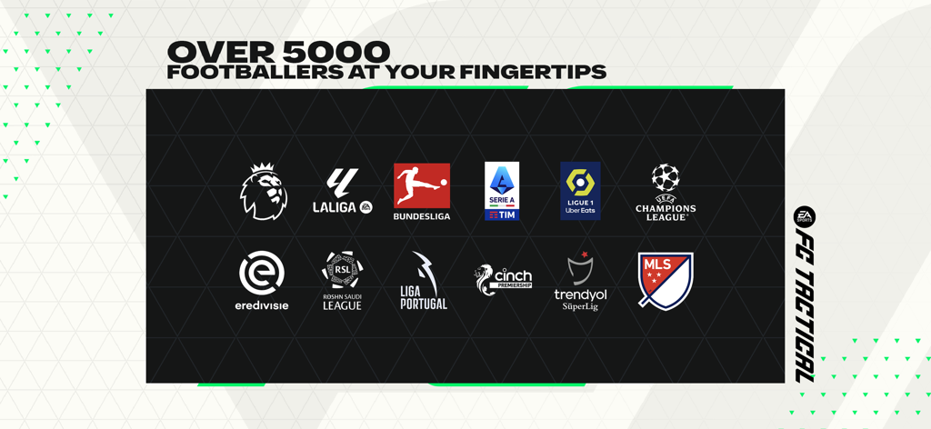 EA SPORTS FC™ Tactical - Logos of major official football leagues including Premier League LaLiga and Champions League