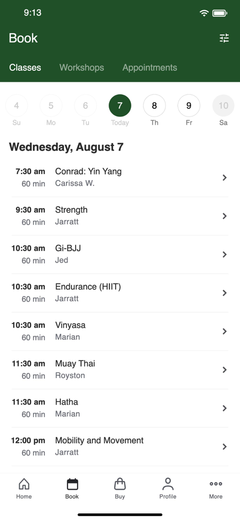 Trapeze Rec. Club - Booking screen showing a daily schedule of wellness classes like yoga and strength training