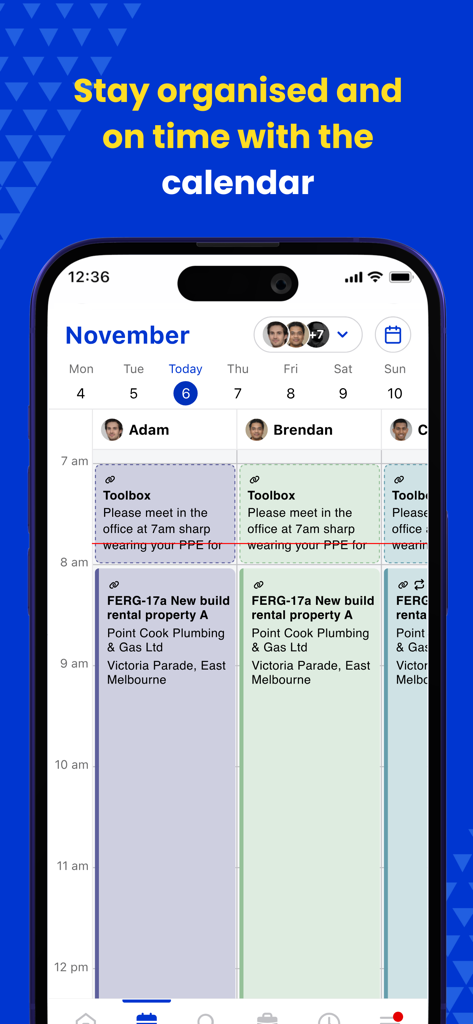 Fergus Go mobile app calendar interface showing daily job schedules for multiple team members in a trade business.