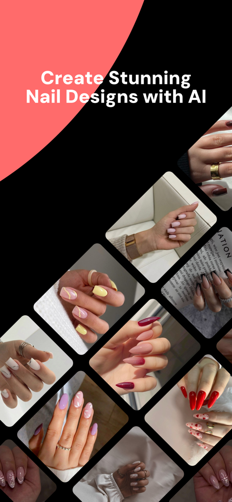 AI Nails: Nail Art & Design - Collage of diverse AI-generated nail art designs in different shapes and colors.