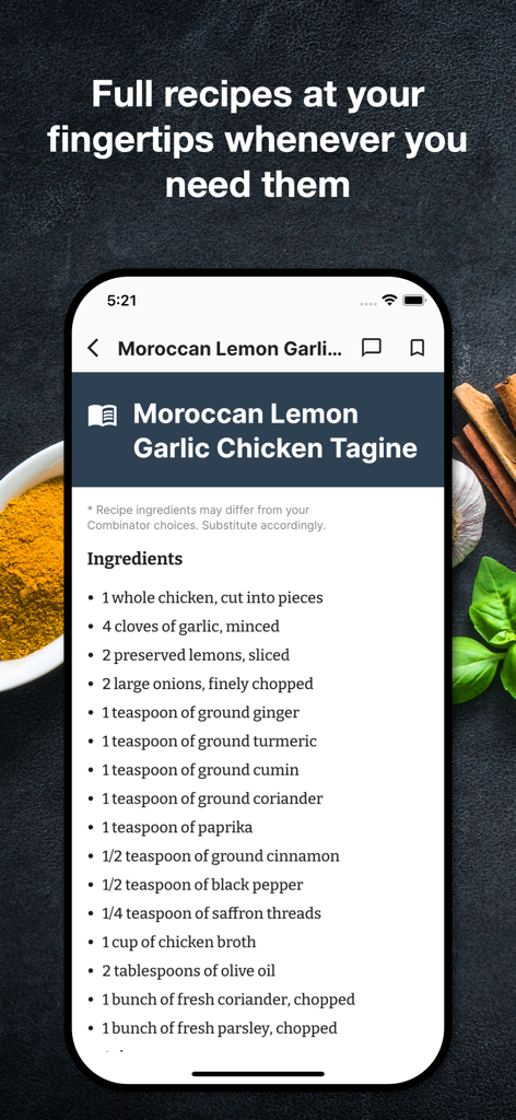 TasteMatch - TasteMatch mobile app screenshot showing a full recipe for Moroccan Lemon Garlic Chicken Tagine