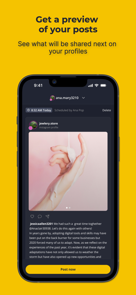 A preview of a scheduled social media post on the SocialBee mobile app interface.