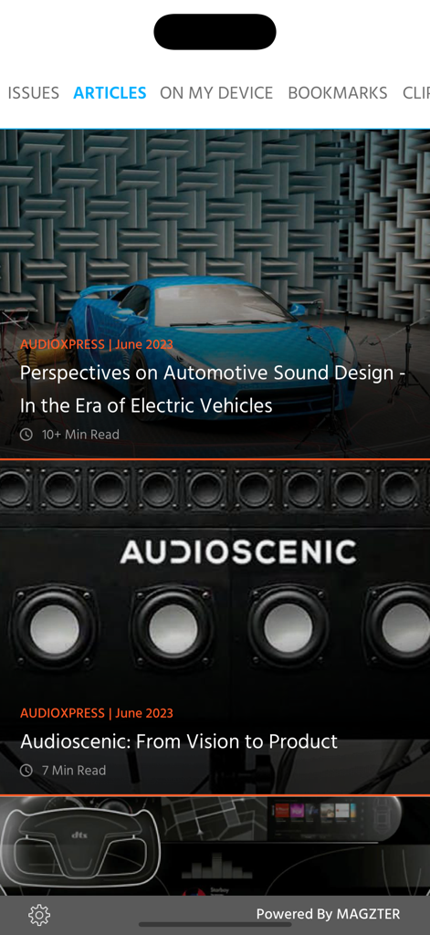 audioXpress 앱의 기사 섹션으로, 자동차 사운드 디자인 및 오디오 기술에 대한 기술 스토리가 포함되어 있습니다.