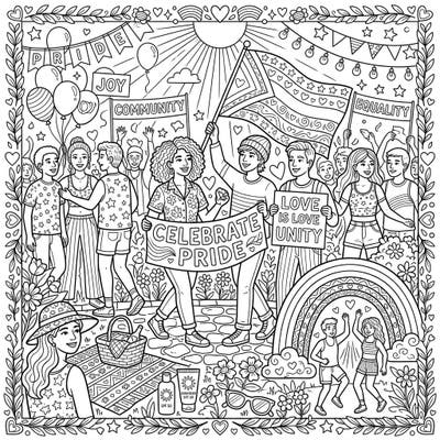 Immerse yourself in a vibrant Pride Month celebration with this engaging coloring page designed specifically for teens. Discover a lively parade scene that also subtly highlights the importance of sun protection during outdoor festivities.