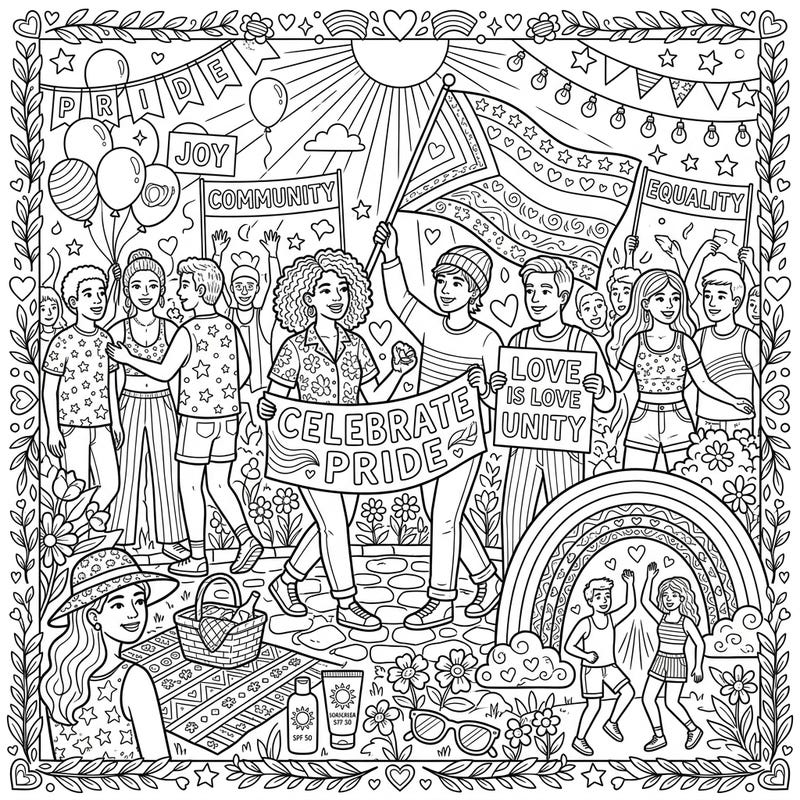 Immerse yourself in a vibrant Pride Month celebration with this engaging coloring page designed specifically for teens. Discover a lively parade scene that also subtly highlights the importance of sun protection during outdoor festivities.