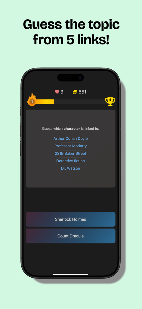 LinkQuiz: Trivia & Knowledge - A mobile screen from the LinkQuiz app showing a character trivia question based on five Wikipedia links