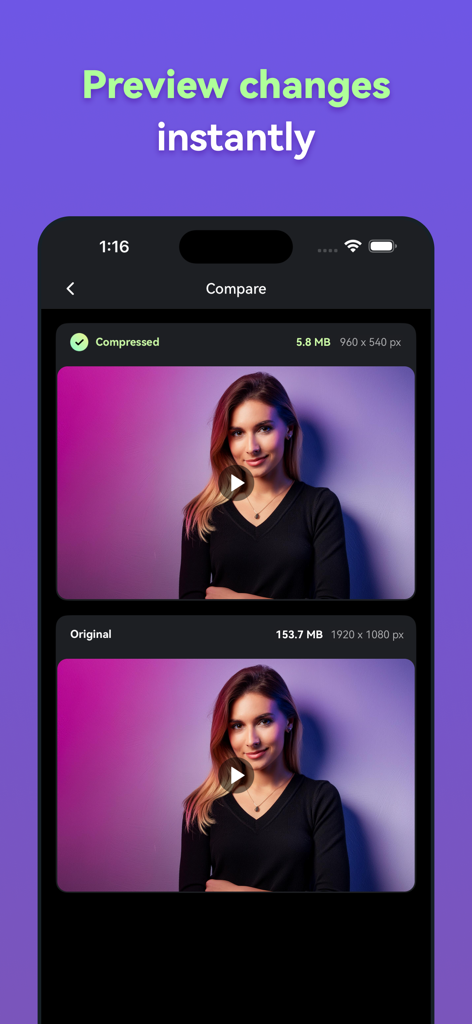 Panda - Video Compressor - Un confronto affiancato che mostra un file video ridotto da 153 MB a 5 MB mantenendo la qualità visiva nell'app Panda Video Compressor.