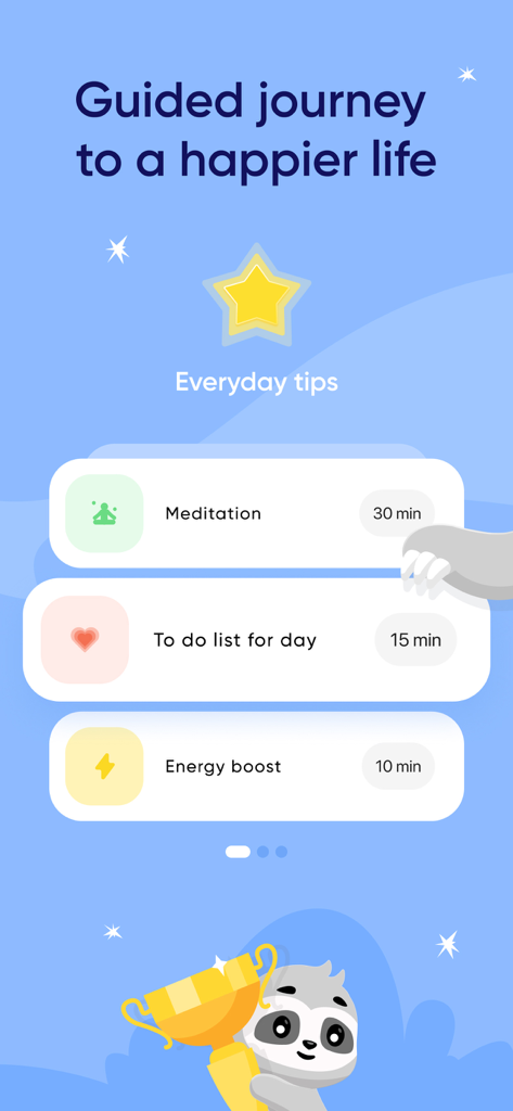 Hapday AI life coach app interface showing a guided journey with daily meditation and energy boost tasks